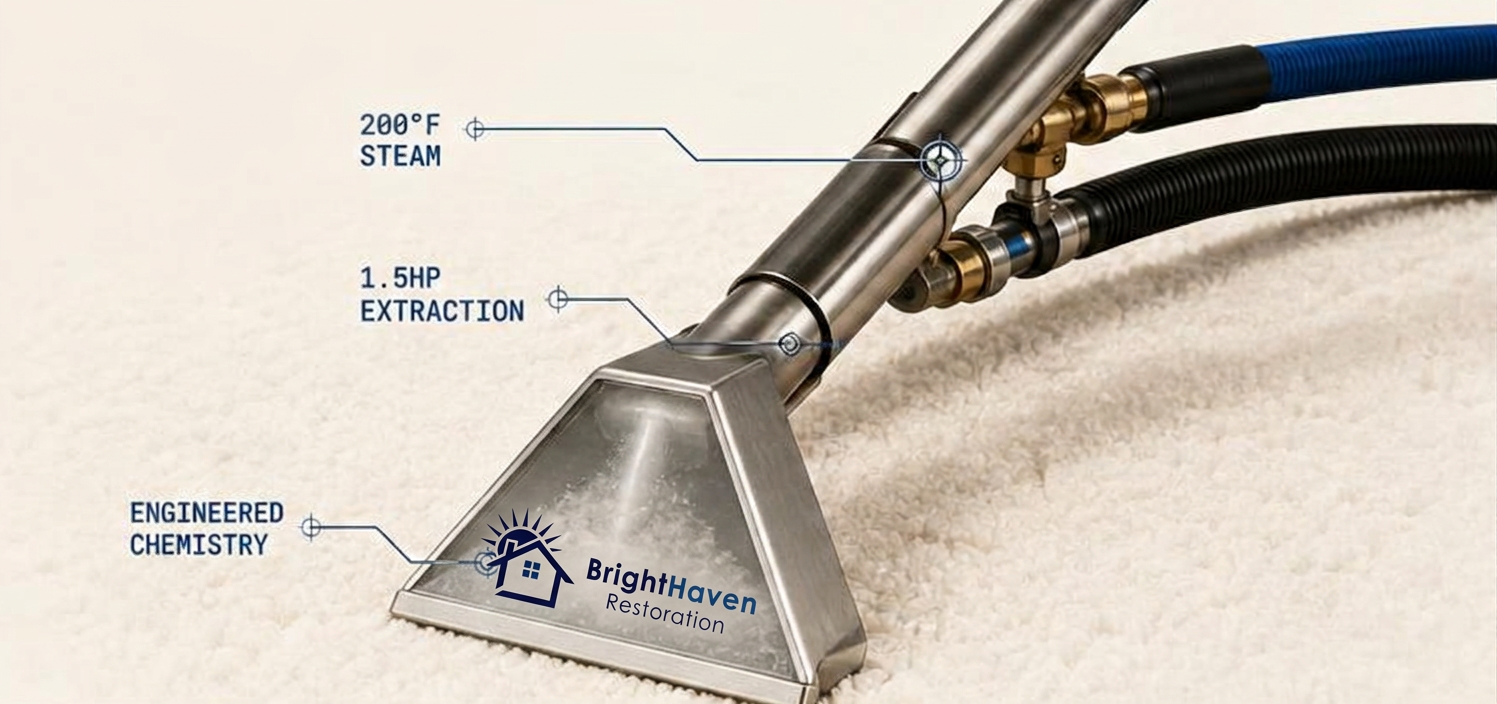 Annotated diagram of a professional carpet cleaning extraction wand — 200°F steam, 1.5HP extraction, engineered chemistry