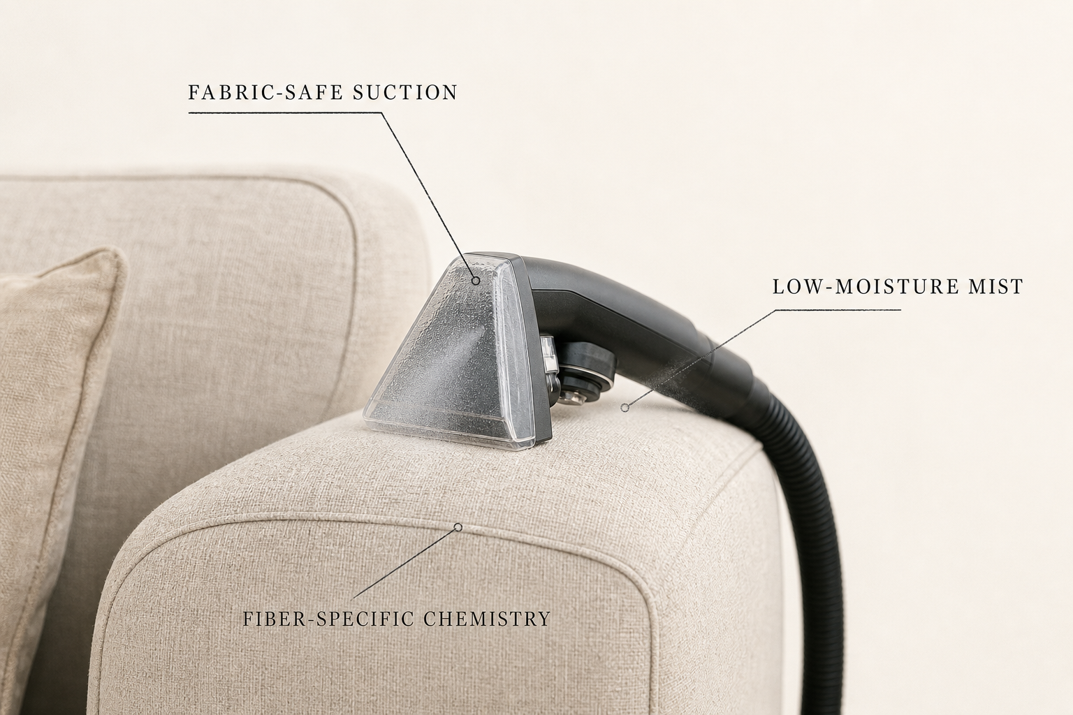 Annotated diagram of an upholstery cleaning hand tool on a linen sofa arm — fabric-safe suction, low-moisture mist, fiber-specific chemistry